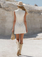 Western Retro Multi-pocket Half-zip White Denim Sleeveless Mini Dress