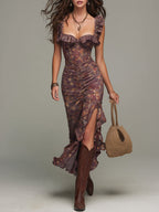 Retro Ruffled High-Slit Floral Maxi Dress