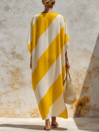 Yellow & White Diagonal Stripe Caftan Maxi Dress