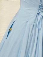 Maxi Linen Dress, Sleeveless, Shawl Collar, Plain, Button Design, Vintage, Blue