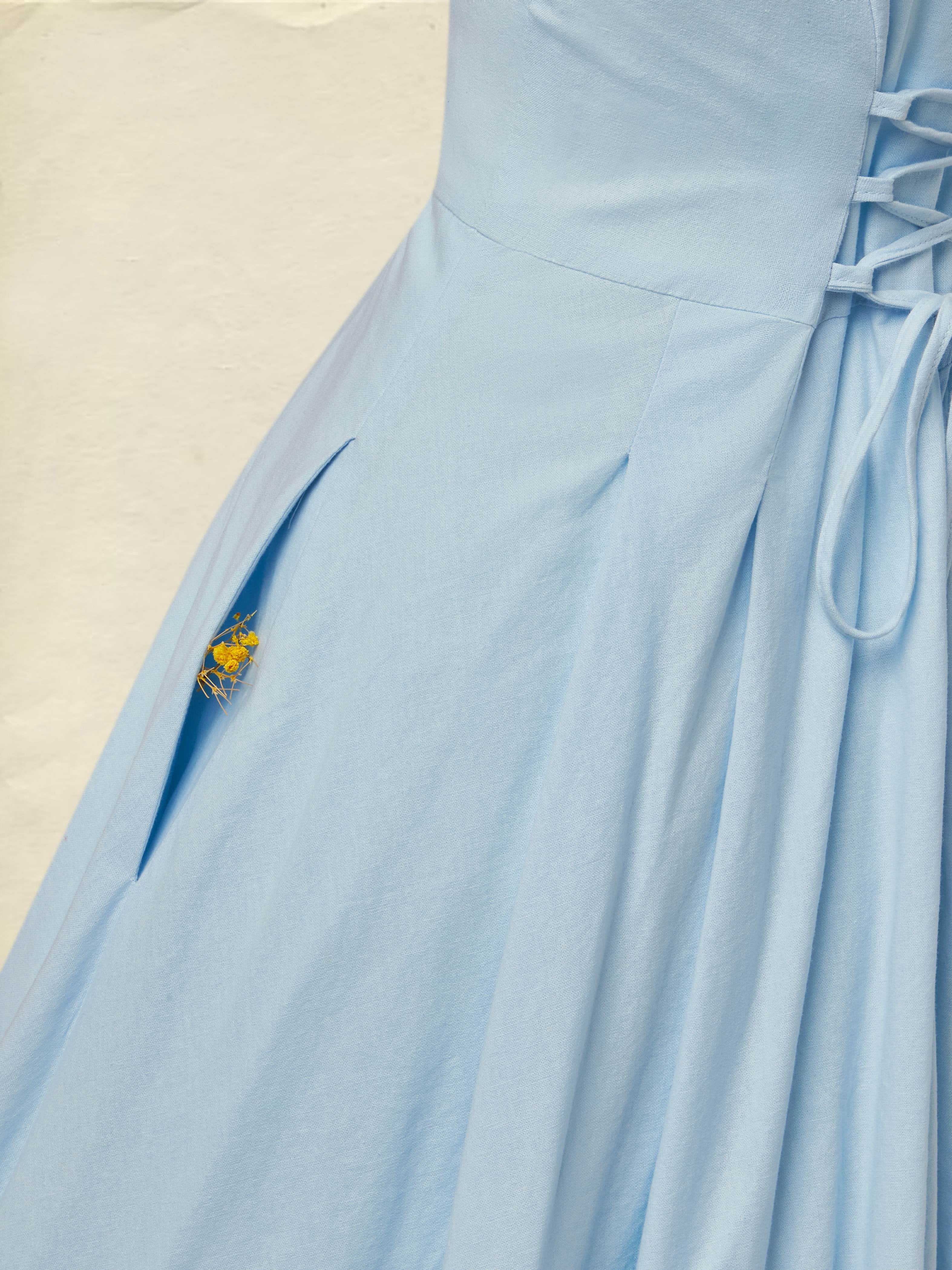 Maxi Linen Dress, Sleeveless, Shawl Collar, Plain, Button Design, Vintage, Blue