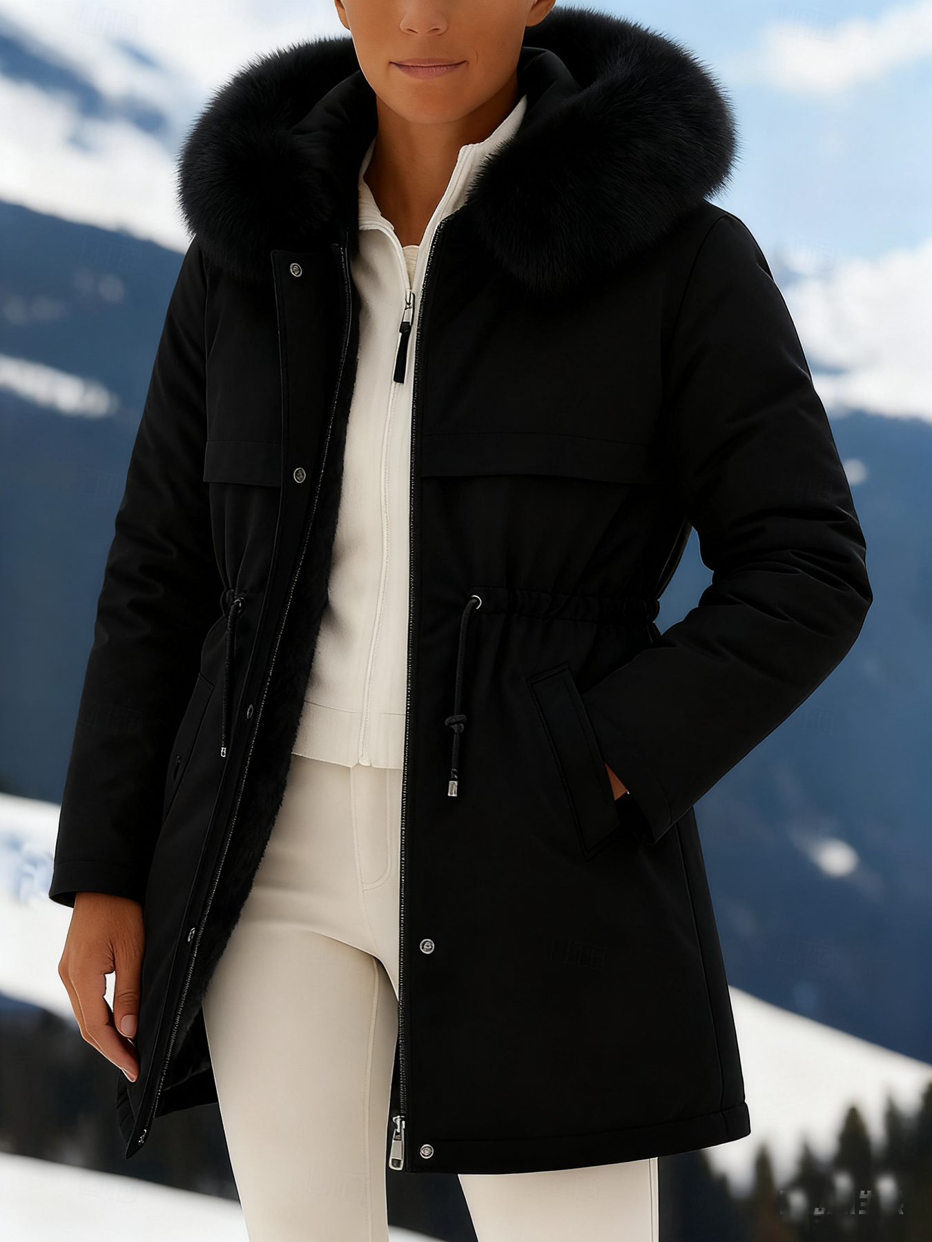 Outfits Cotton-padded Jacket Medium and Long, Large Fur Collar, Down Cotton-padded Jacket, Down Cotton-padded Jacket.