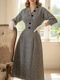 Midi Wool Dress, Half Sleeve, V Neck, Plaid, Belt Design, Vintage, Black