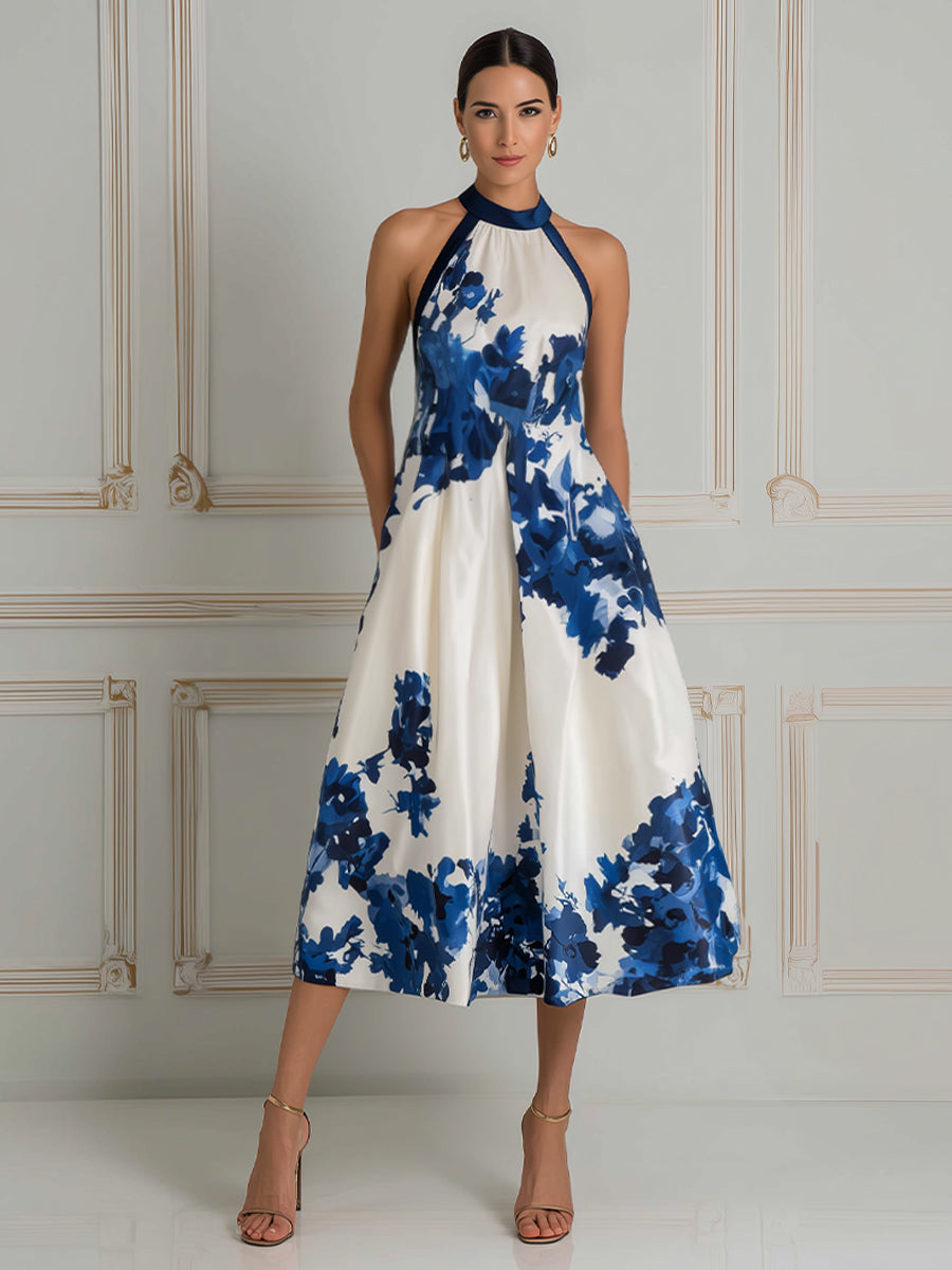 Elegant Floral Halter A-Line  Midi Dress