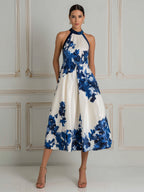 Elegant Floral Halter A-Line  Midi Dress