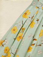 Midi Linen Dress , Sleeveless, Halter, Floral, Pocket Design, Vacation, Vintage, Green