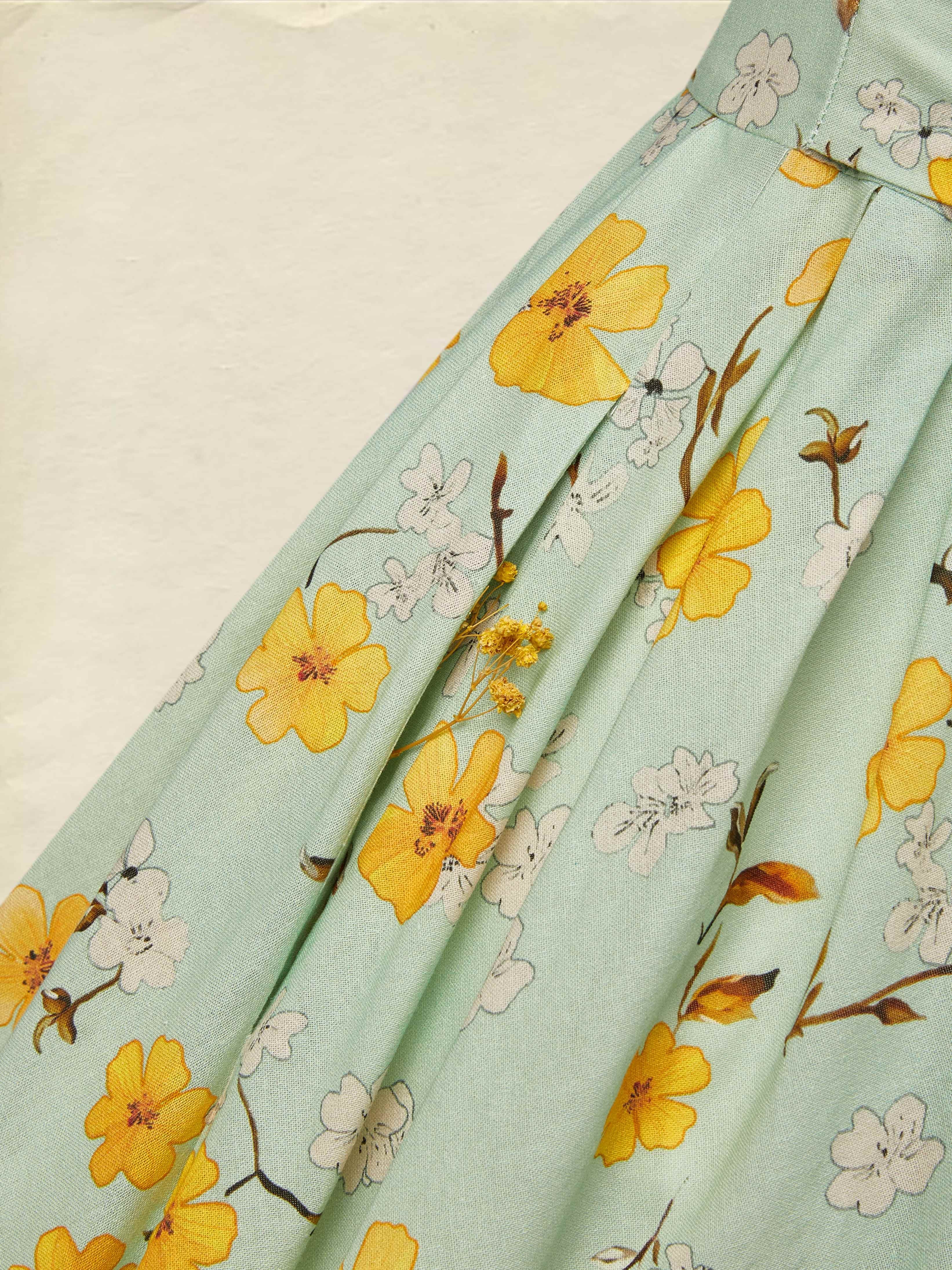 Midi Linen Dress , Sleeveless, Halter, Floral, Pocket Design, Vacation, Vintage, Green