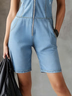 Casual Retro Lace Hooded Light Blue Denim Sleeveless Shorts Jumpsuit