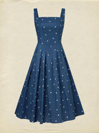Midi Cotton Dress, Sleeveless, Square Neck, Polka Dots, Pocket Design, French Vintage, Deep Blue