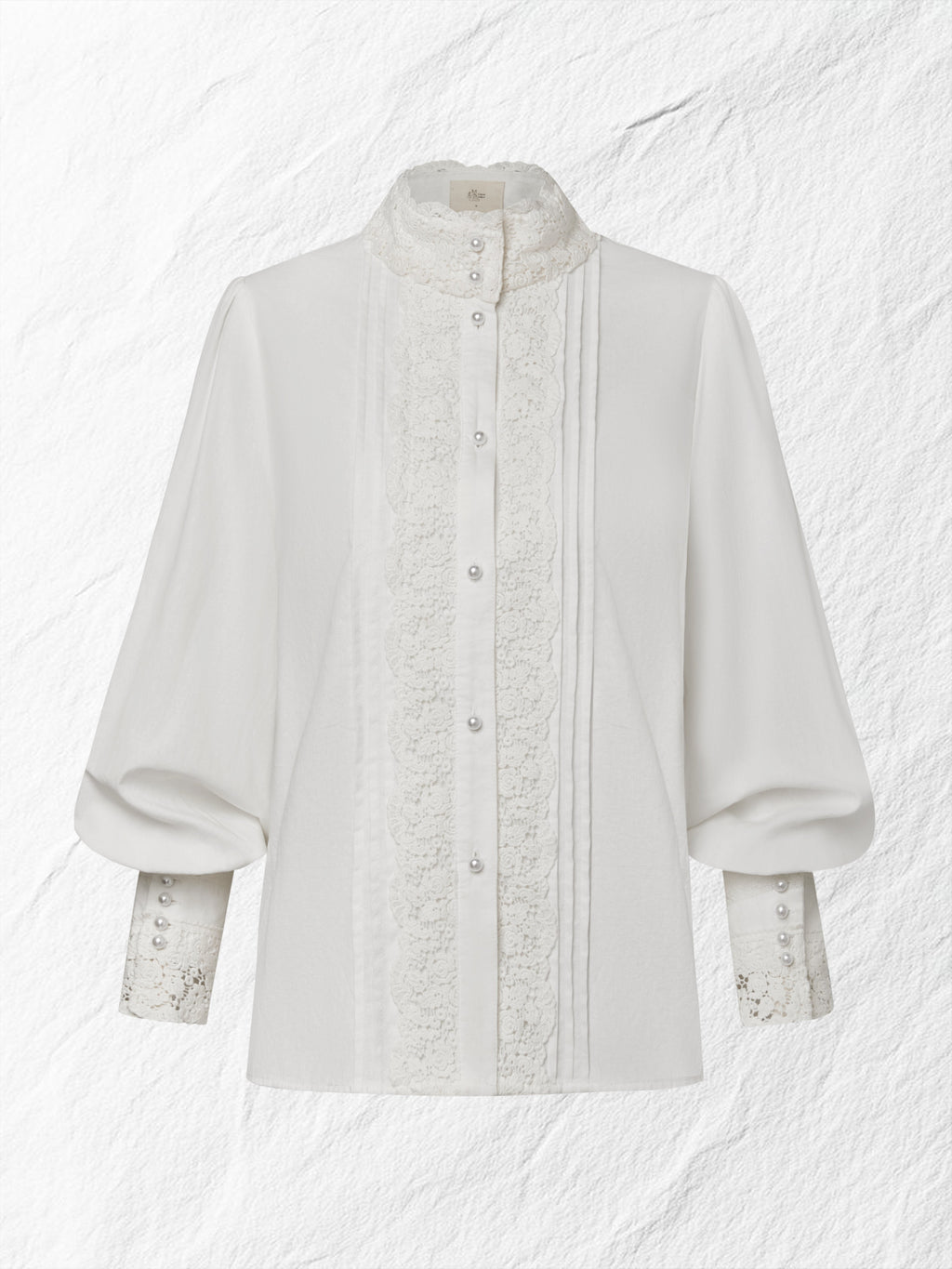 Linen Shirt, Long Sleeves, Stand Collar, Plain, Lace, Vintage, Ivory