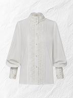 Linen Shirt, Long Sleeves, Stand Collar, Plain, Lace, Vintage, Ivory