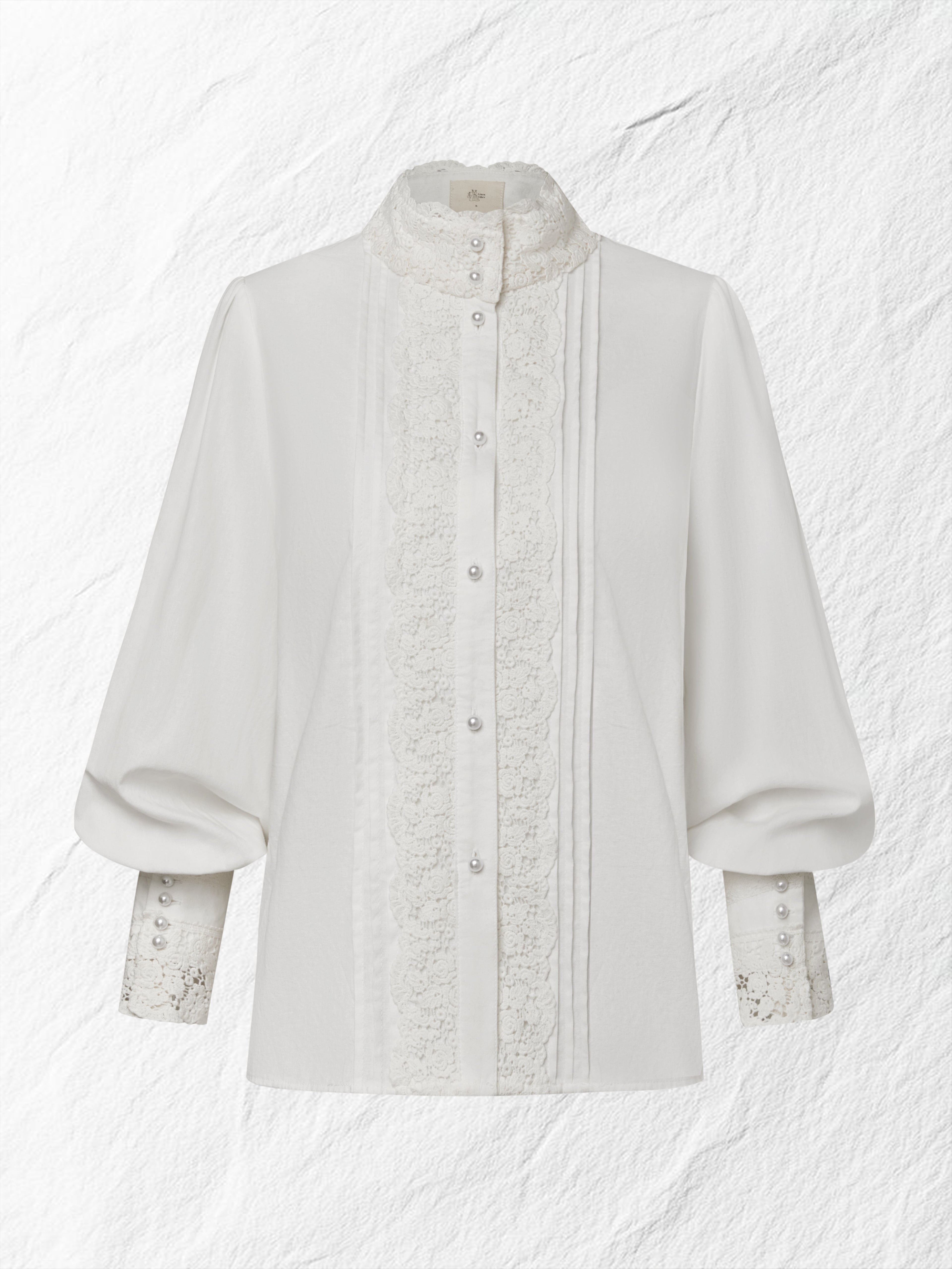 Linen Shirt, Long Sleeves, Stand Collar, Plain, Lace, Vintage, Ivory