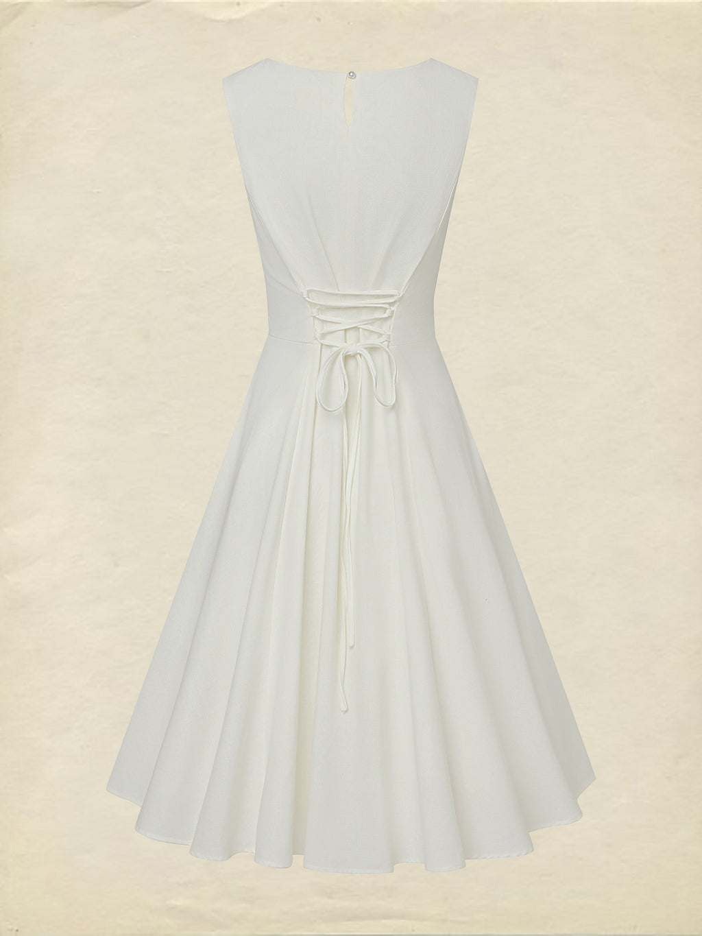 Midi Linen Dress , Sleeveless, Round Neck, Plain, Lace, French Vintage, White