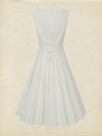 Midi Linen Dress , Sleeveless, Round Neck, Plain, Lace, French Vintage, White