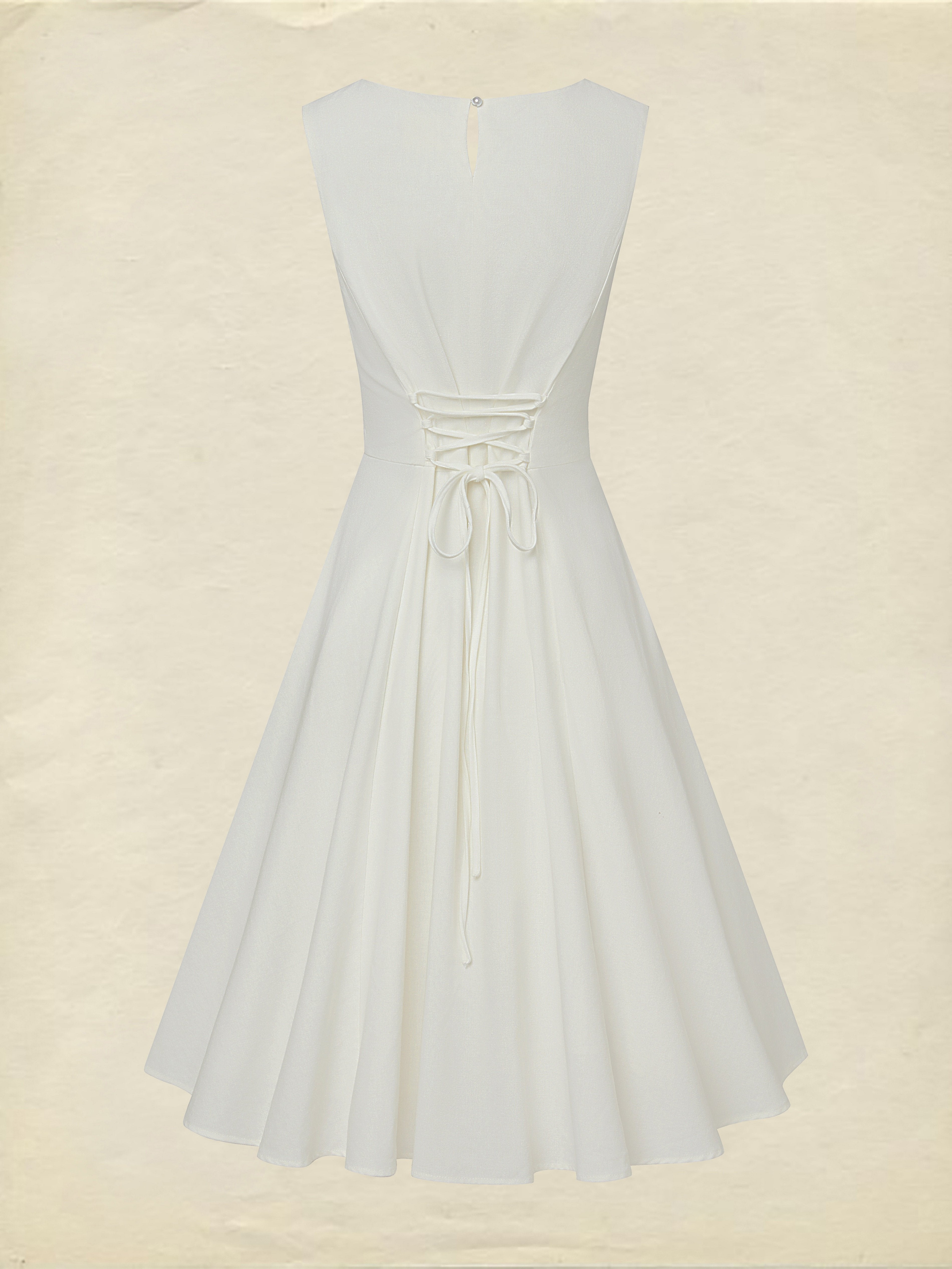 Midi Linen Dress , Sleeveless, Round Neck, Plain, Lace, French Vintage, White