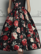 Black Base Red Rose Floral Print A-line Midi Dress