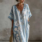 Butterfly Flower Embroidery Patchwork Striped Design Women's Summer Linen Dress