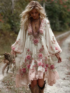 Women's Vintage Floral Embroidery Art Comfy Linen Maxi Dress