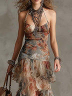 Bohemian  Vintage Tie-Dye Print Halter Neck Tiered Chiffon Maxi Dress