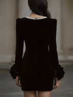 Elegant Velvet Mini Dress With Embellished Neckline And Floral Cuff Detail