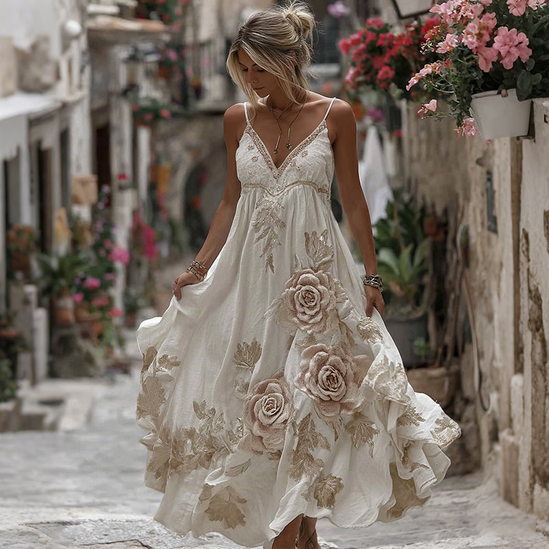 Women's Floral Roses Art Print Flowy Linen Blend Casual Suspender Maxi Dress