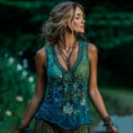 Vintage Classy Gradient Blue Rose And Floral Embroidered Pattern Linen V Neck Tank Top
