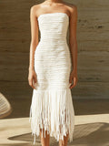 White Knit Strapless Dress with Fringe Hem