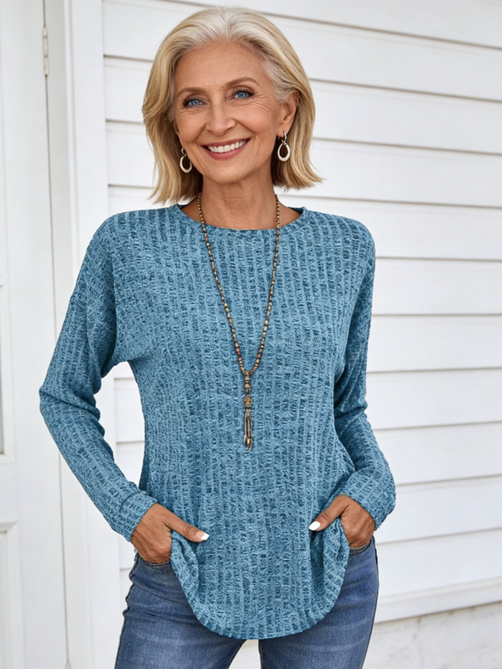 Knitted Crew Neck Pit Strip Top Long Sleeve Loose T-shirt