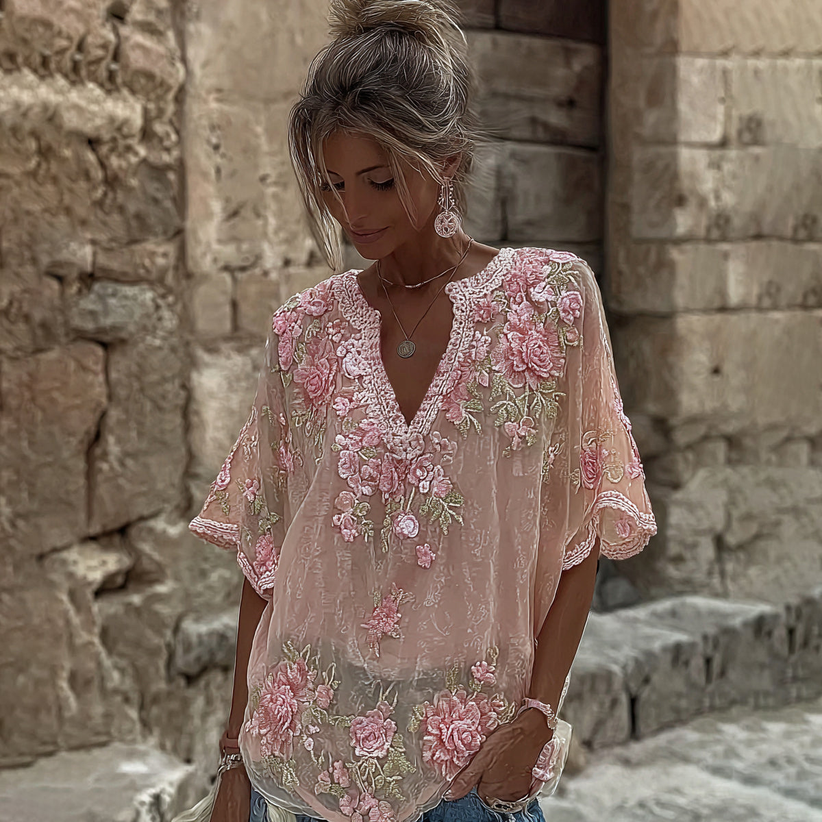 Women's Spring Floral Embroidered Art Print Flowy Linen Blend Casual Tops