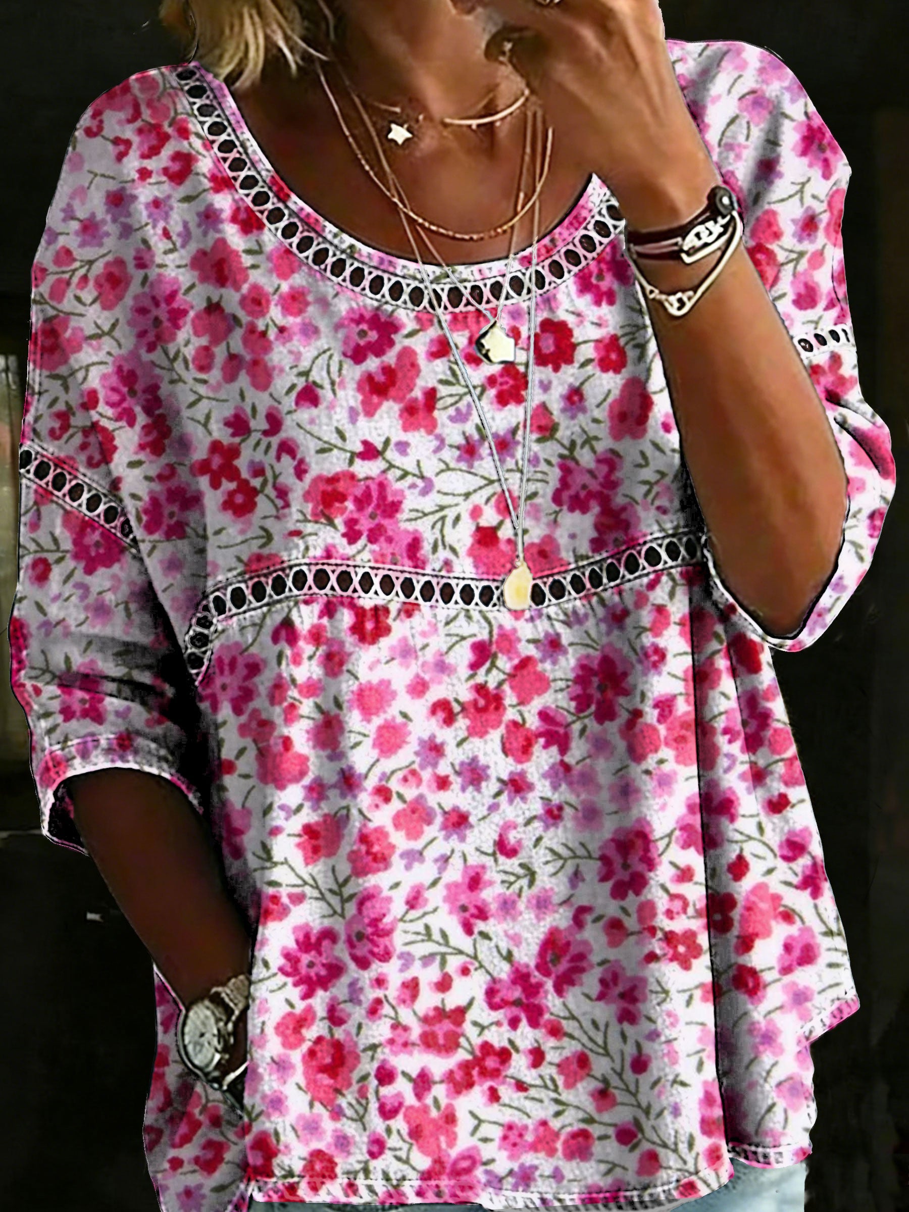 Women's Vintage Flower Casual Loose Denim Blouse Shirt