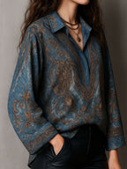 Retro Blue Bronze Baroque Paisley Print Loose Blouse