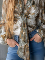Boho Tie-Neck Floral Chiffon Tie-Neck Blouse With Gathered Waist