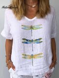 Women's Watercolor Dragonfly Print Cotton Linen Shirt