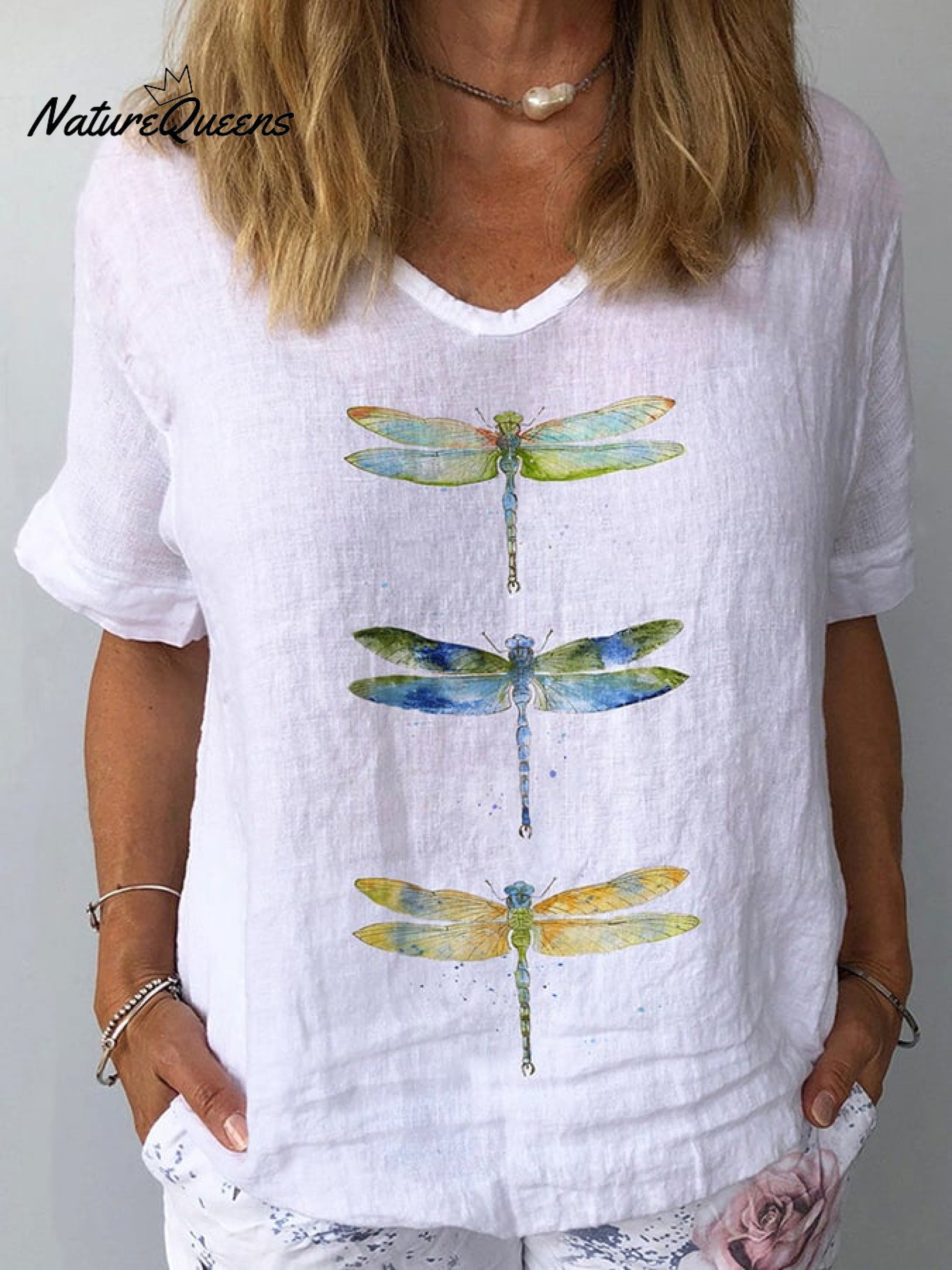Women's Watercolor Dragonfly Print Cotton Linen Shirt