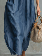 Retro Blue Tencel Denim Short-sleeved Maxi Dress