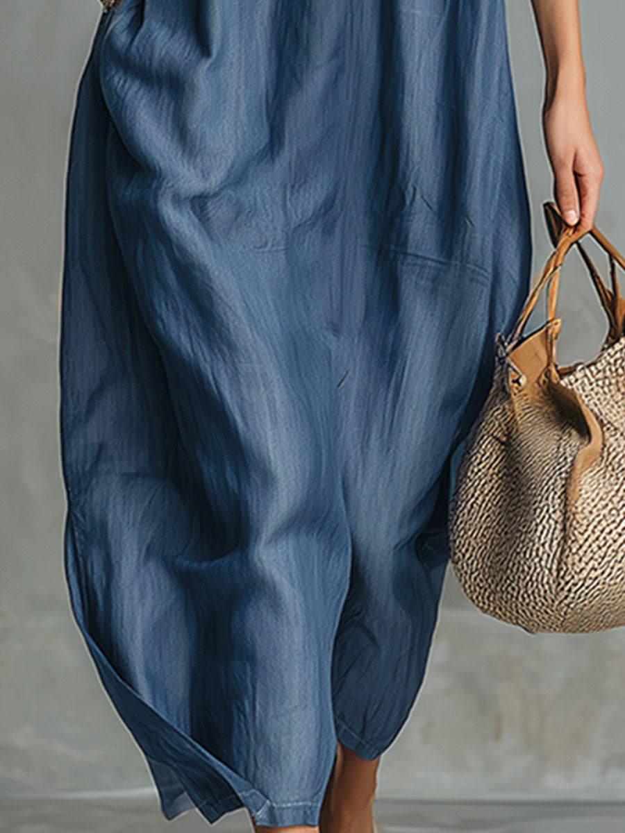 Retro Blue Tencel Denim Short-sleeved Maxi Dress