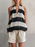 Casual Retro Striped Sleeveless Chiffon Blouse And White Cotton Linen Shorts Set