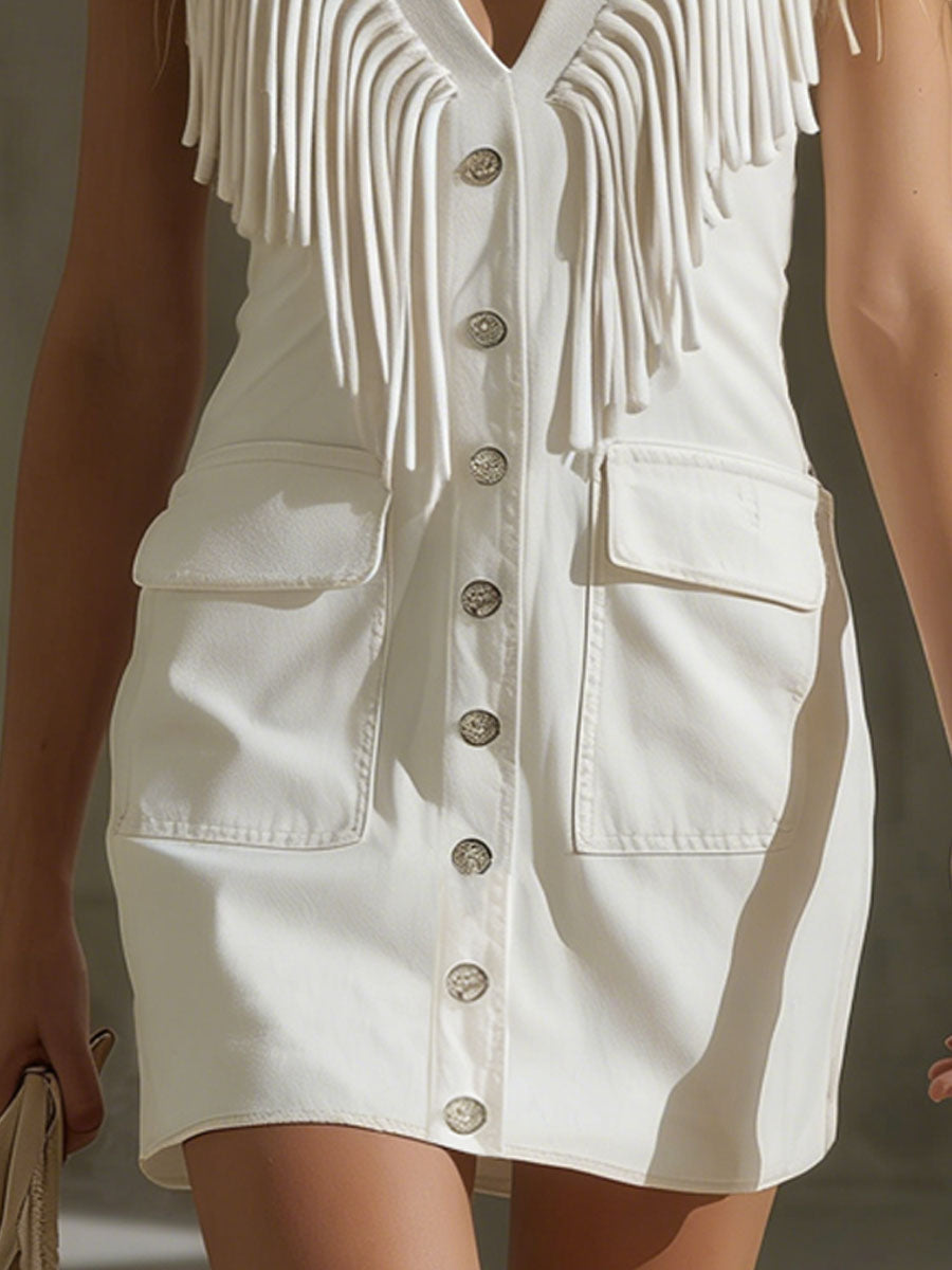 Retro V-neck Tassel Double Pocket Denim Sleeveless Mini Dress