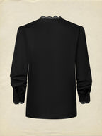 Linen Shirt, Half Sleeve, V Neck, Plain, Lace, French Vintage, Black