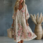 Women's Vintage Retro Floral Art Flowy Linen Blend Casual Long Sleeve Maxi Dress