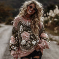 Women's Vintage Romantic White Rose Embroidery Art Long Sleeve Round-neck Sweater