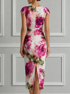 Elegant Floral Ruched Bodycon Midi Dress