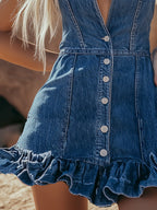 [24-hour shipping out]Fashionable Denim Ruffle Sleeveless Button Mini Dress