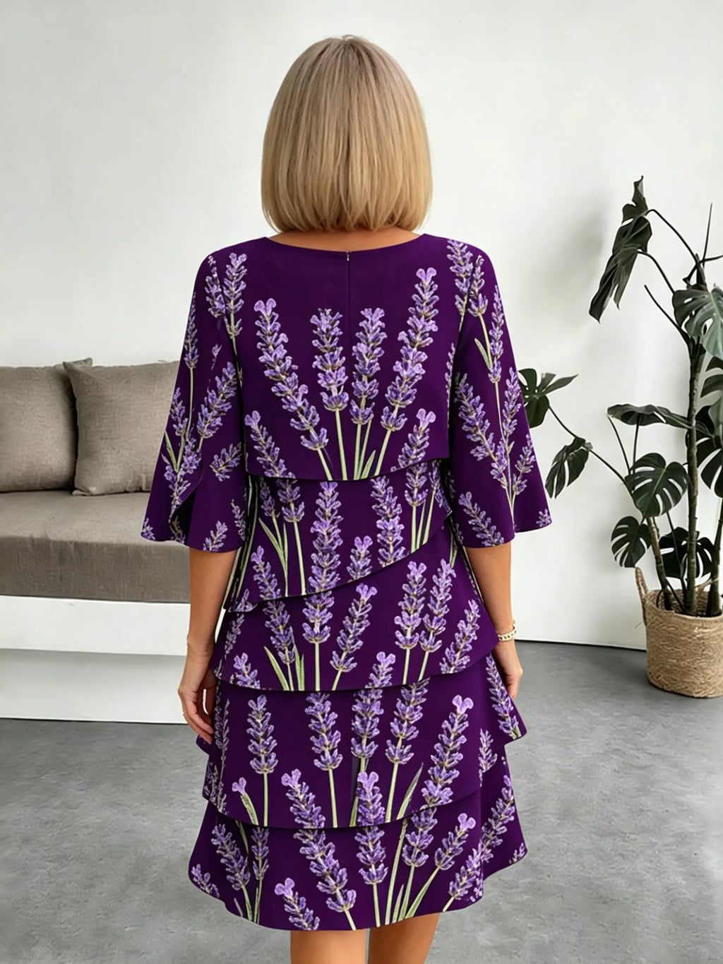 Lavender Chiffon Vacation Prints Color Round Neck Cake Skirt Splicing Dress Mid-length
