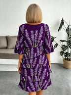 Lavender Chiffon Vacation Prints Color Round Neck Cake Skirt Splicing Dress Mid-length