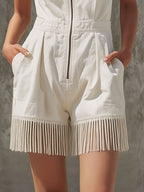 Western Bohemian Retro Fringed White Denim Sleeveless Shorts Jumpsuit