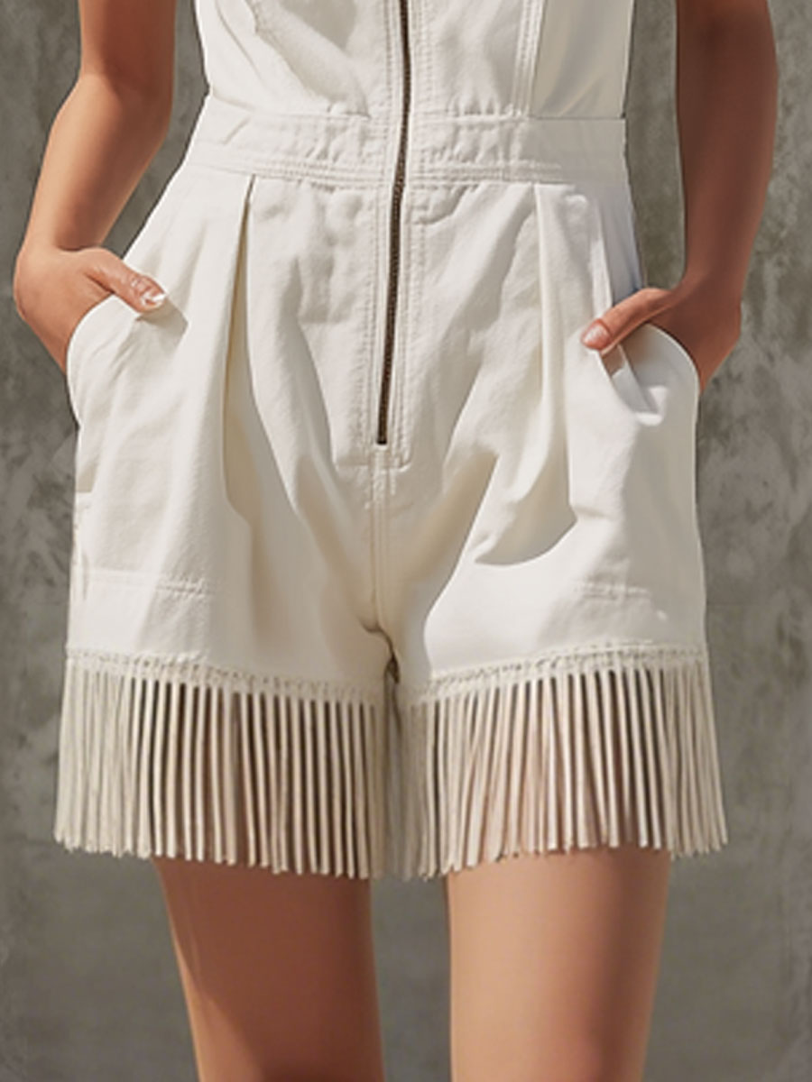 Western Bohemian Retro Fringed White Denim Sleeveless Shorts Jumpsuit