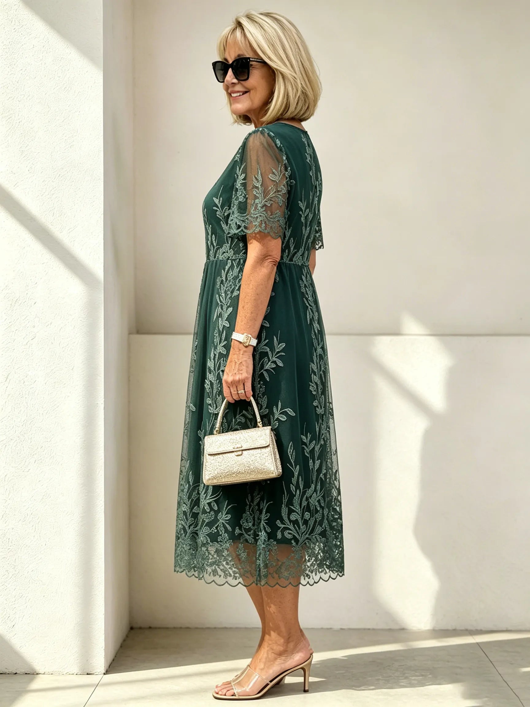 Petite Dark Green Leaf Embroidered Lace Midi Dress, Round Neck Short Sleeve Loose Slimming Mom Dress for Mature Women