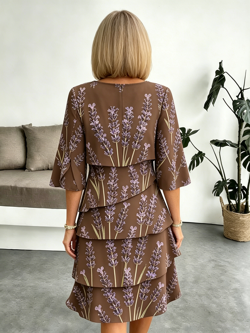 Lavender Chiffon Vacation Prints Color Round Neck Cake Skirt Splicing Dress Mid-length