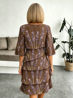 Lavender Chiffon Vacation Prints Color Round Neck Cake Skirt Splicing Dress Mid-length
